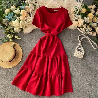 Short-sleeve Crisscross Midi A-line Dress