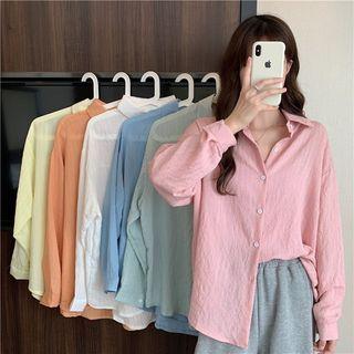 Long-sleeve Lapel Plain Loose-fit Shirt