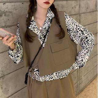 Long-sleeve Shirt / Plain Tie-strap Cropped Vest