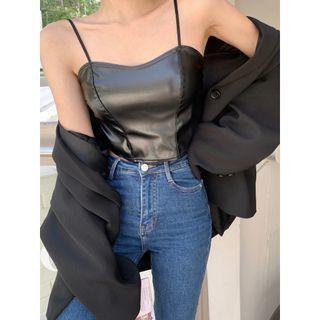 Faux-leather Slim-fit Cropped Camisole Top