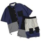 Set: Elbow-sleeve Color Block Shirt + Cargo Shorts