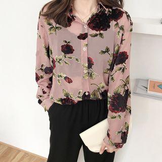 Long-sleeve Floral Chiffon Shirt Pink - One Size