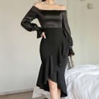 Long-sleeve Off Shoulder Ruffled Sheath Dress