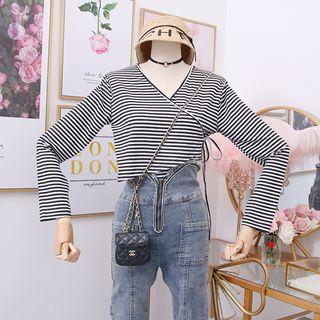 Tie-waist Striped Wrapped T-shirt Black - One Size