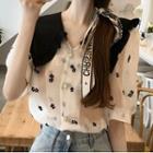 Contrast Collar Floral Blouse White - One Size