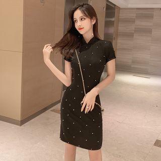 Bead Short-sleeve Sheath Dress