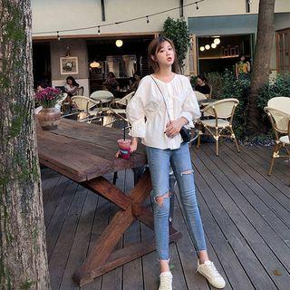 Balloon-sleeve Blouse / Ripped Skinny Jeans / Set