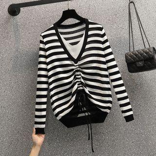 V-neck Drawstring Mock Two-piece Knit Top