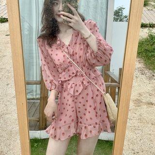 Dotted 3/4-sleeve Ruffle Playsuit Pink - One Size
