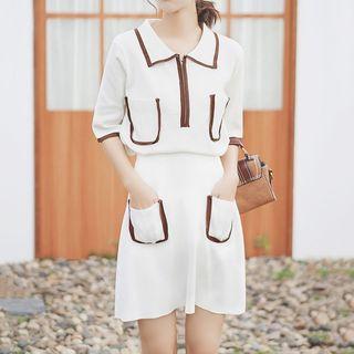 Elbow-sleeve Contrast Trim Zip Knit Top / A-line Mini Skirt / Set