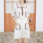Elbow-sleeve Contrast Trim Zip Knit Top / A-line Mini Skirt / Set