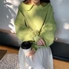 Long-sleeve Frill Trim Collared Plain Sweatshirt / Plain Pleated Pinafore Dress