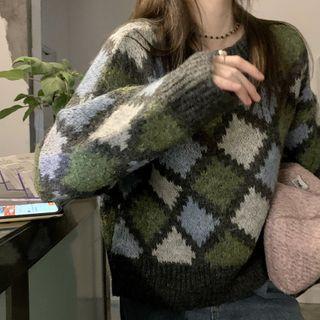 Color Panel Argyle Round-neck Sweater Gray - One Size