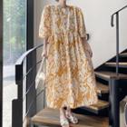 Puff-sleeve Flower Print Lace Trim Midi A-line Dress