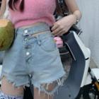 Frayed Denim Shorts / Short-sleeve Fluffy Top