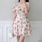 Cold-shoulder Flower Print Mini A-line Dress