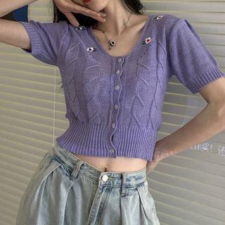 Short-sleeve Floral Embroidered Knit Crop Top