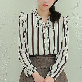Tie-neck Frilled Striped Blouse