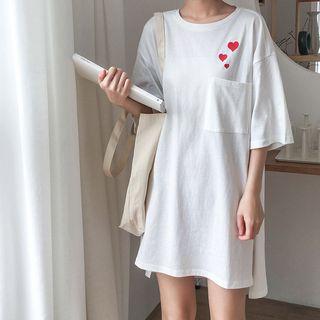 Elbow-sleeve Heart Embroidery Mini T-shirt Dress