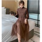 Set: Long-sleeve Turtle-neck T-shirt + Sleeveless Midi Mesh Dress