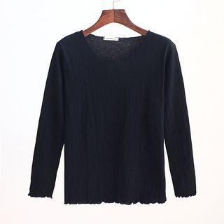 V-neck Plain Mushroom Pleated Top