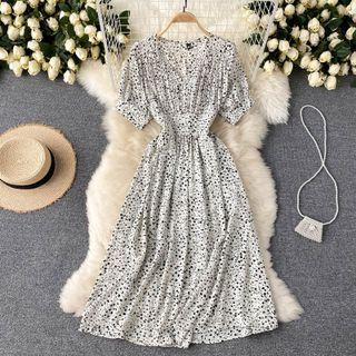 V-neck Floral Ruched Chiffon Dress
