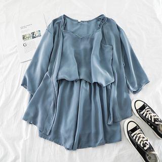 Set: Open Front 3/4-sleeve Jacket + Plain Camisole Top + Wide-leg Shorts