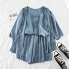 Set: Open Front 3/4-sleeve Jacket + Plain Camisole Top + Wide-leg Shorts