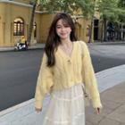 V-neck Cable Knit Cardigan / Tiered Midi A-line Mesh Skirt