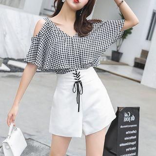 Set: Check Short-sleeve Top + Wide Leg Shorts