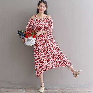 Elbow-sleeve Leaf Print Cutout Midi Dress