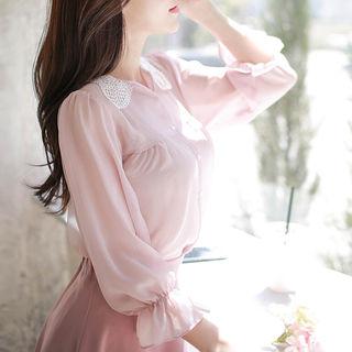 Lace-collar Ruffle-cuff Sheer Blouse