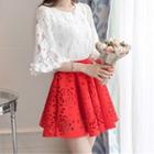 Ruffled Bell-sleeve Lace Blouse / Mini A-line Lace Skirt