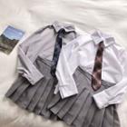 Plain Long-sleeve Blouse / Plain High-waist Pleated Skirt