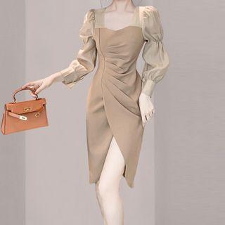 Long-sleeve Two-tone Pleated Dress