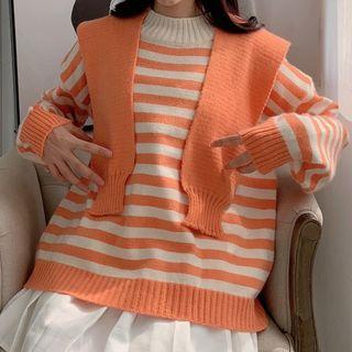 Set: Striped Sweater + Hooded Knit Shawl
