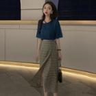 Short-sleeve Cutout Plain Tee / High-waist Plaid Skirt