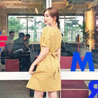 Square-neck A-line Plaid Dress