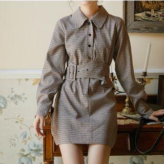 Plaid Long-sleeve Mini Collared Dress