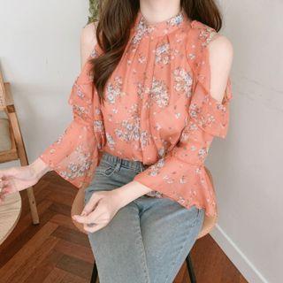 Cold-shoulder Floral Print Bell Sleeve Blouse