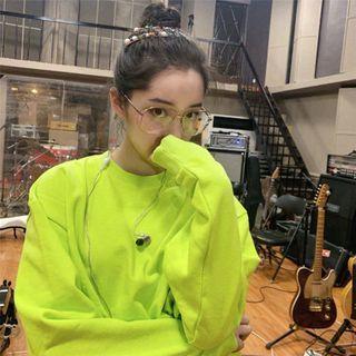 Long-sleeve Plain Sweatshirt Neon Green - One Size