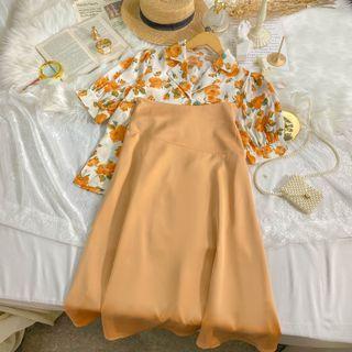 Set: Short-sleeve Floral Print Shirt + Mini Skirt