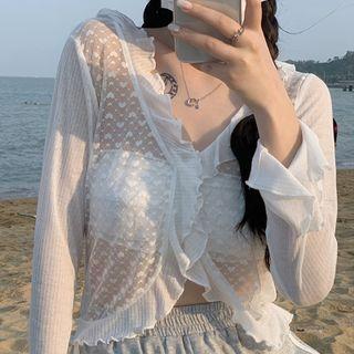 Ruffle Trim Lace Panel Cropped Cardigan White - One Size