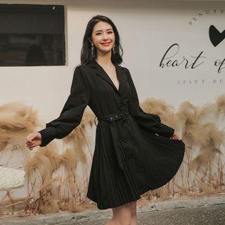 Button-up Tie-waist Pleated Mini A-line Dress