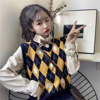Color-block V-neck Loose-fit Sleeveless Vest / Plain Single-breasted Loose-fit Blouse