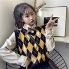 Color-block V-neck Loose-fit Sleeveless Vest / Plain Single-breasted Loose-fit Blouse