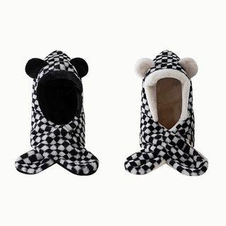 Checkerboard Fluffy Hooded Scarf