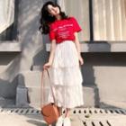 Set: Letter Print Short Sleeve T-shirt + Layered A-line Skirt