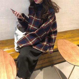 Plaid Long-sleeve Loose-fit Pullover / Plain Knit Skirt
