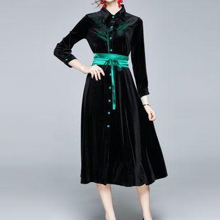 Leaf Embroidered Long-sleeve Midi Collared Dress
